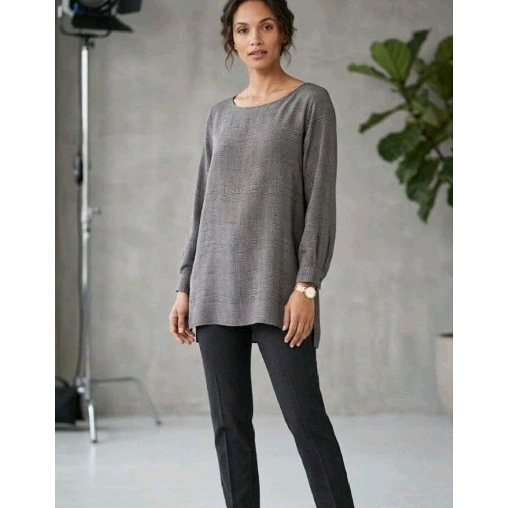 Eileen Fisher XL Gray/Black Grid Blouse 100% Silk Boat Neck High Low Hem Tunic